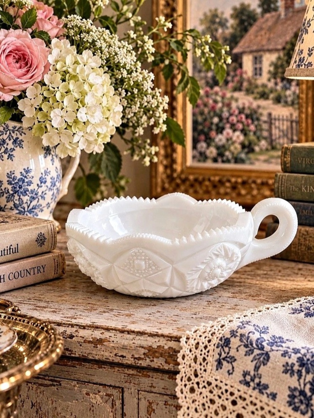 Vintage Fostoria Winburn Milk Glass Nappy Dish Finger Loop